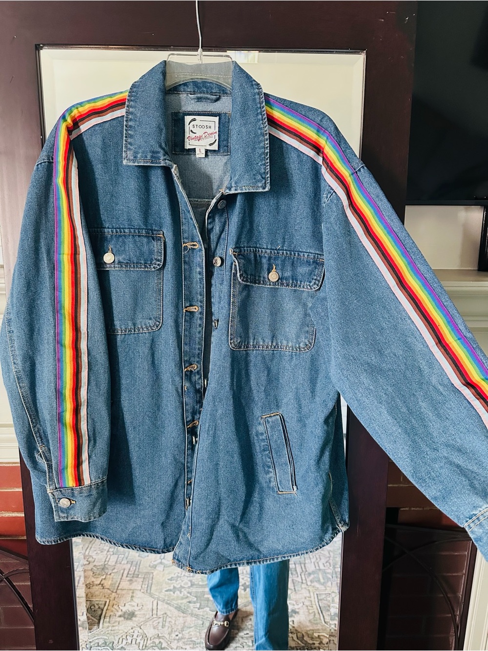 Stoosh Blue Denim Jacket with Rainbow Sleeve Stripes